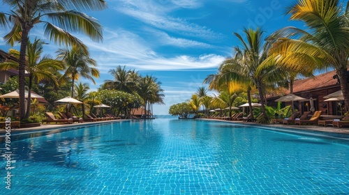 Luxurious swimming pool at a tropical resort with palm trees, sun loungers and clear blue sky. © Khalif