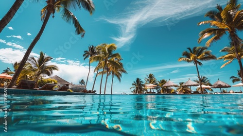 Luxurious swimming pool at a tropical resort with palm trees  sun loungers and clear blue sky.