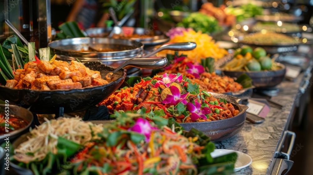 A festive Thai food buffet featuring a colorful array of dishes, from spicy curries and grilled meats to refreshing salads and tangy dipping sauces, celebrating the diversity of Thai cuisine.