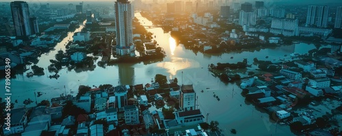 A ariel view of the city flooded with water, natural disaster.