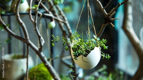 Easter home decoration Microgreens in egg shell hanging on spring twigs as easter decorationEaster floral arrangement : Generative AI photo