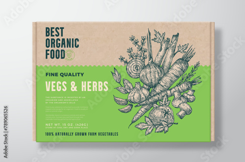 Organic Vegetables Vector Packaging Label Design on a Craft Cardboard Box Container Modern Typography and Hand Drawn Herbs, Seasonings, Mushrooms and Vegetables Background Layout