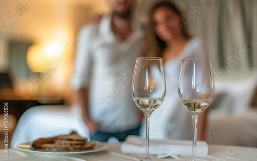 Couple Relaxing with Hotel Room Service - Travel Experience, Intimate Vacation, Luxury Hotel Stay.