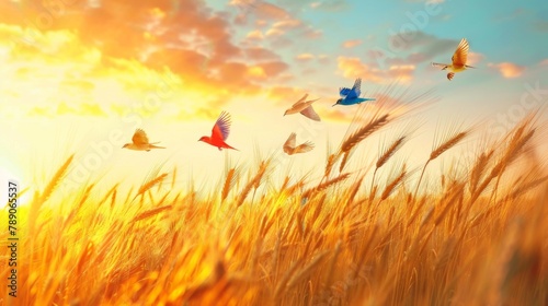 A flock of colorful birds soaring above a golden wheat field at sunset, depicting the beauty of nature and the harmony between birds and agriculture.