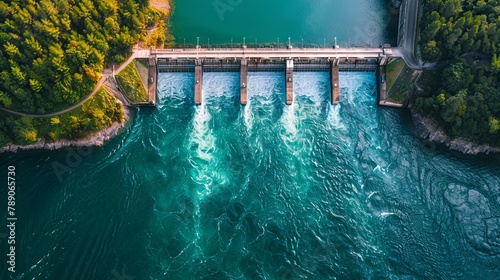 Aerial view of a hydroelectric dam with vibrant turquoise water