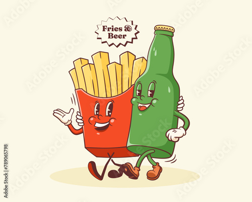 Groovy French Fries and Beer Retro Characters Label. Cartoon Potato and Bottle Walking Smiling Vector Food Mascot Template. Happy Vintage Cool Fast Food Illustration with Typography Isolated