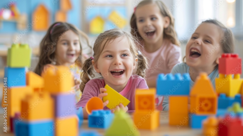 A group of children laughing and playing with colorful blocks, fostering creativity and imagination through the joy of building and construction. A group of children laughing and playing with colorful blocks, fostering creativity and imagination through the joy of building and construction.