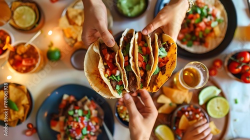 Friends having Mexican Taco dinner Flatlay of beef tacos tomato salsa tortillas beer snacks and peoples hands over white table top view Mexican cuisine gathering feast comfort food con : Generative AI photo
