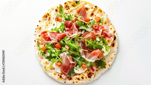 Italian street food flat lay with piadina isolated on a white background  Piadina romagnola  Italian flatbread with prosciutto salad and cream cheese : Generative AI photo