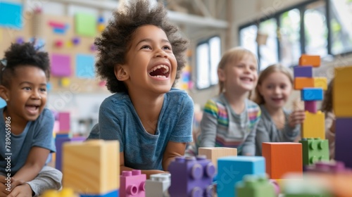 A group of children laughing and playing with colorful blocks, fostering creativity and imagination through the joy of building and construction. photo