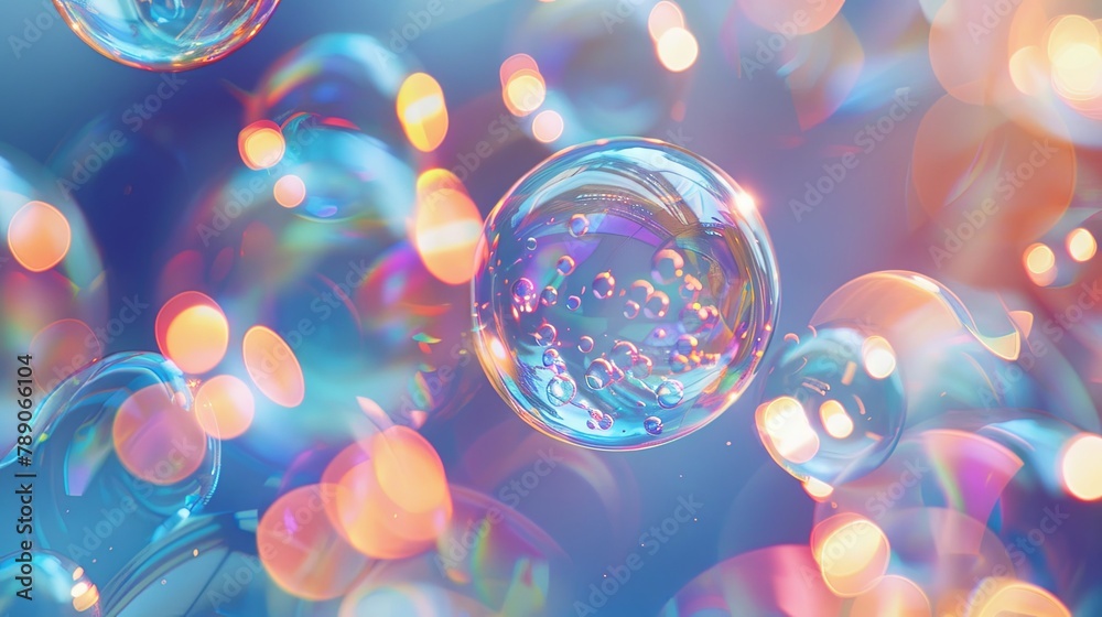 Colorful soap bubbles on a blue background with bokeh lights