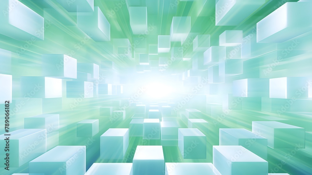 Glowing small square, rhythmic lines, diffuse gradient, in the style of light blue and light white and light green, techical and abstract, minimalist back
