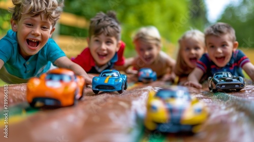 A group of kids racing toy cars down a homemade ramp, competing with laughter and excitement in a friendly game of speed and skill.