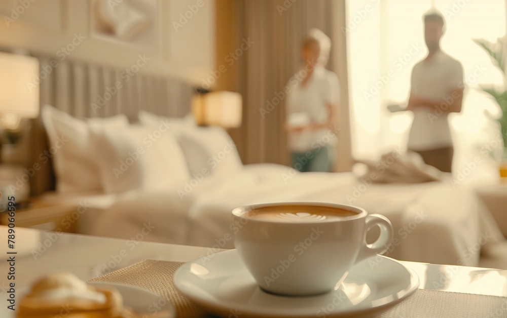 Couple Relaxing with Hotel Room Service - Travel Experience, Intimate Vacation, Luxury Hotel Stay.