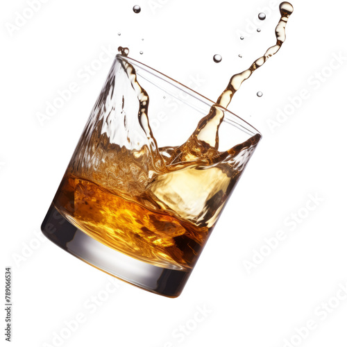 splash of whiskey with ice cubes in glass isolated on white background photo