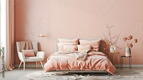 Bedroom in pastel tone peach fuzz color trend 2024 year and gray wall empty background for art. Modern premium cozy room interior home or hotel design. Apricot crush stylish accents bed. 3d render photo