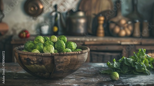 Fresh brussels sprouts in rustic wooden bowl on kitchen counter