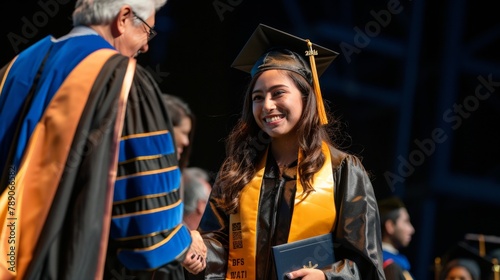 The student is walking across the stage to receive their diploma. They are smiling and shaking the professor's hand. The student is grateful for their education and is looking forward to the future.