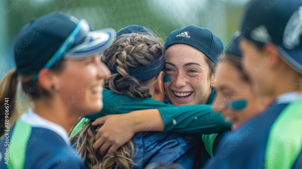 Fototapeta premium Support, collaboration, and sports with women baseball athletes in planning crowd for community and strategy. Vision, motivation, or softball player success training