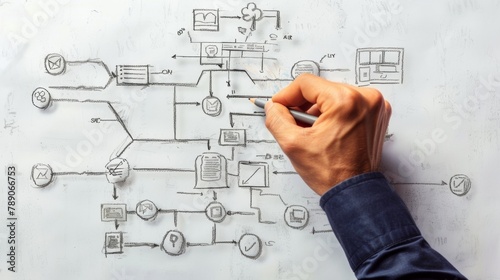 A hand sketching a flowchart on a whiteboard, mapping out business processes and workflows for optimization and efficiency enhancement.