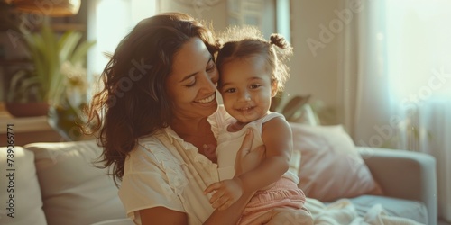 Beautiful black mother holding her adorable daughter at home. Happy mixed-race mom and her gorgeous daughter spending time together. Child is a parent s heart