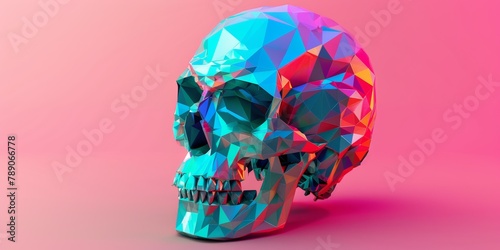 Iridescent skull and human anatomy model on grey background for research, medicine, and design. Detailed, colorful, holographic cranium artwork for art, cyberpunk, and neon graphics.