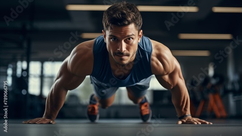 A fit young Hispanic man doing bodyweight push-ups in the gym. A muscular man performs press-ups and planks to gain muscle, upper body, core, and endurance during a workout. photo
