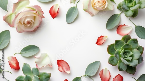 Nature floral round frame on white background top view Ornament with rose flowers petals succulent plants and green leaves Flat lay : Generative AI photo