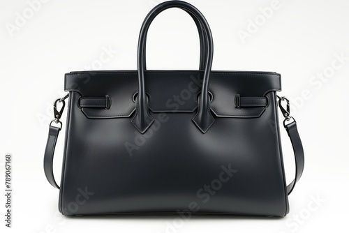 Sleek black designer handbag with handles and a shoulder strap, against a white background photo