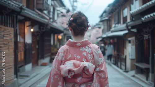 日本の古い町並みを歩く浴衣を着た日本人女性