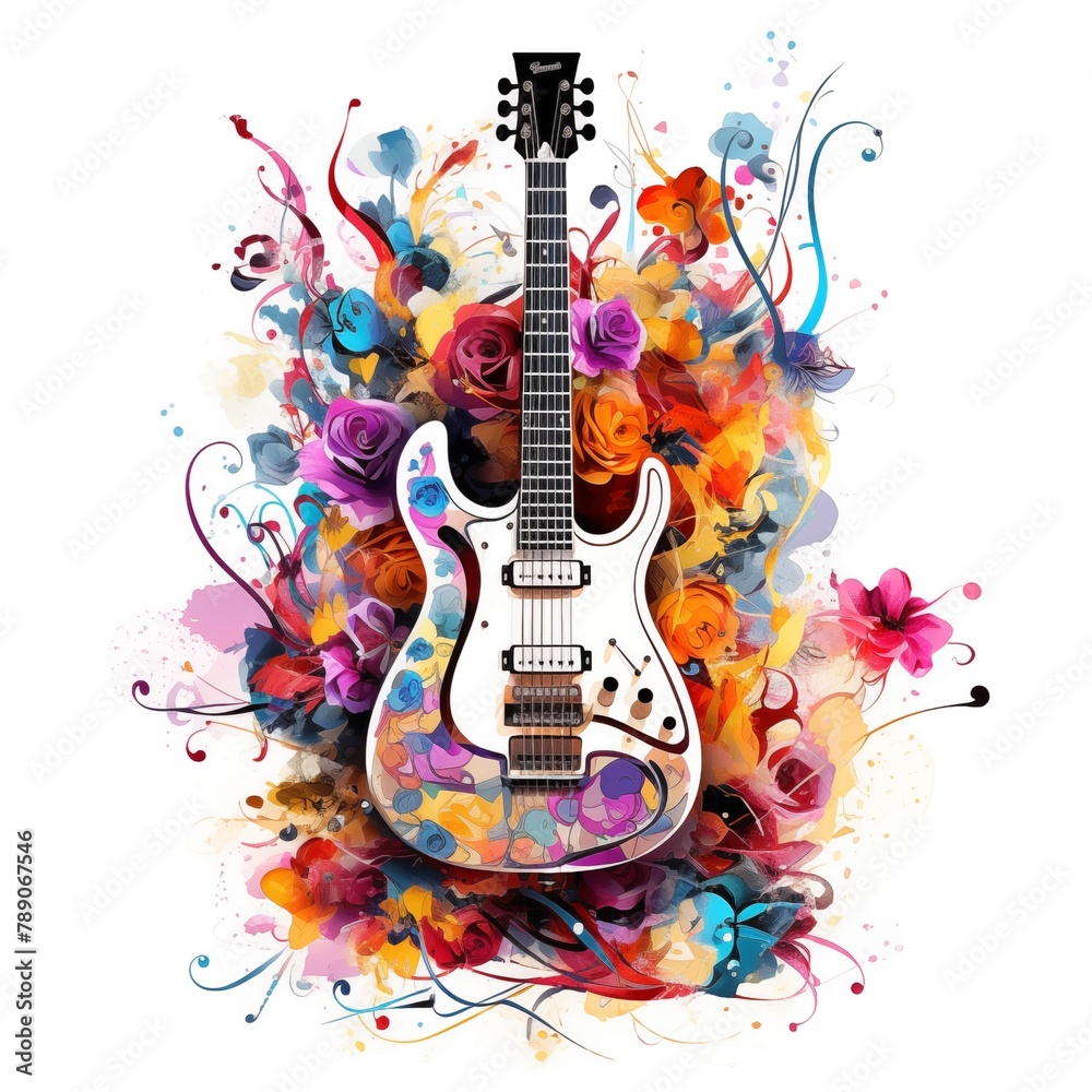Abstract and colorful illustration of an electric guitar on a white background with flowers