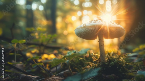 A macro shot of a single mushroom emerging from the forest floor, its delicate gills and intricate details illuminated by soft sunlight filtering through the trees.