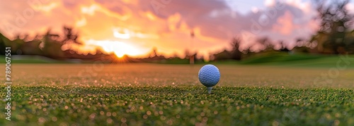Serene sunset golf course with close-up of ball on tee