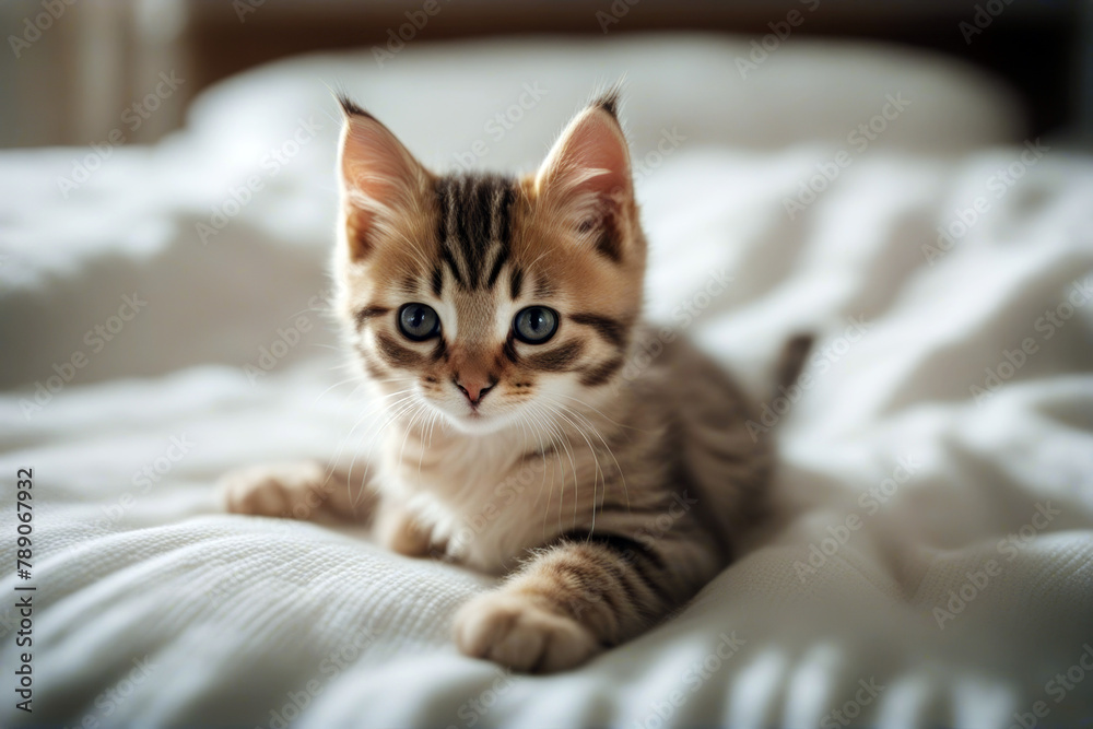 bed lie Small kitten beauty red fluffy portrait curiosity beautiful sitting friendship mammal striped cover cute tabby lying apartment young whisker felino