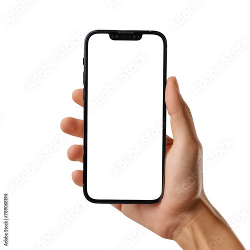 Hand holding Black Smartphone with blank screen on white background photo