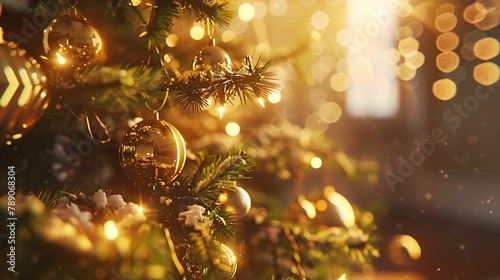 Christmas tree with vintage baubles and golden lights close up Modern decorated christmas tree branches with stylish ornaments in festive room Winter holidays atmospheric time : Generative AI