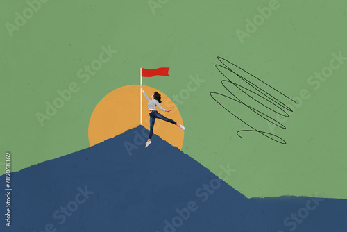 Slika na platnu Composite photo collage of happy girl reach vertex mountain flag sun promotion d