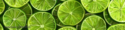 A seamless pattern of vibrant green lime slices, arranged in neat rows on the left side of an empty canvas. A refreshing effect for any kitchen or restaurant setting. juice or green tealoe packaging