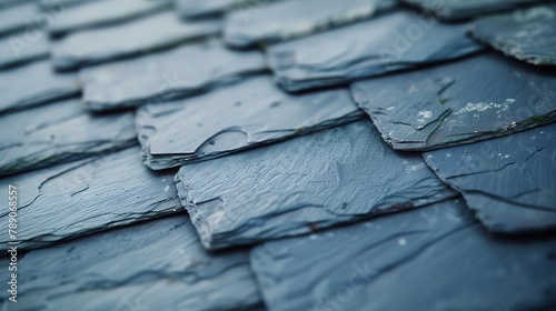 Roof of a country house covered with gray slate closeup Old roof covered with slate Texture of old roof slate background : Generative AI photo