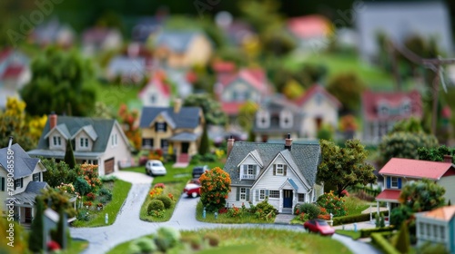 A miniature suburban neighborhood with tiny houses and manicured lawns, offering a whimsical perspective on suburban living in a scaled-down world.