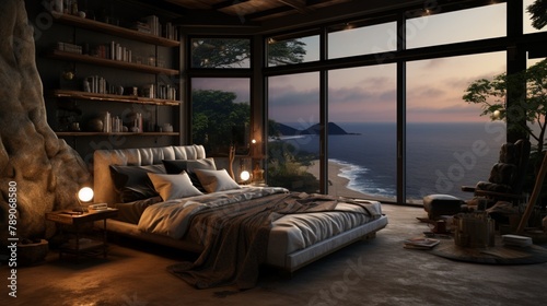 panoramic view of nice cozy bedroom © livingston