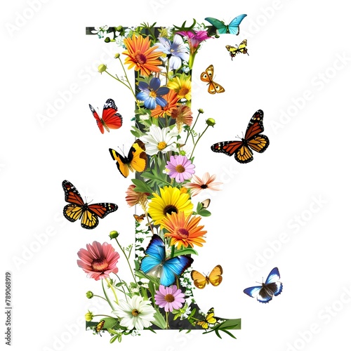 Alphabet letter  I  with flowers and butterflies isolated on white background.