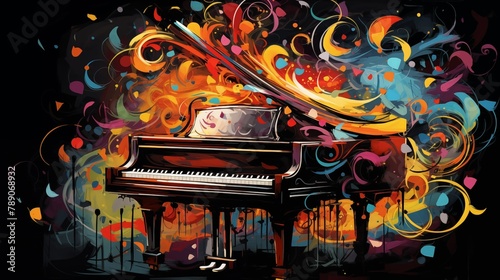 Abstract and colorful illustration of a piano on a black background