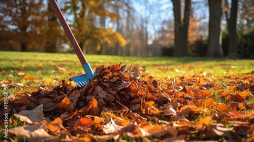 Pile of fallen leaves is collected with a rake on the lawn in the park