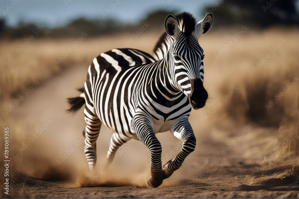 Obraz premium Zebra running jumping speed animal savanna full grassfield terrain grass raised front field foot wildlife equus jump winter airborne