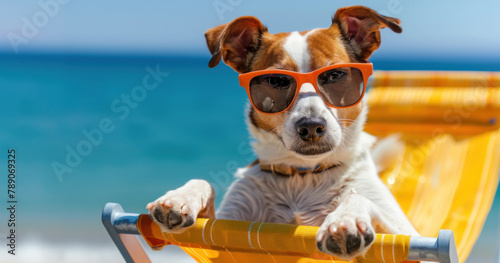 a dog wearing sunglasses, lying on a beach chair at the sea shore and relaxing in the sunlight during summer vacation © Rangga Bimantara