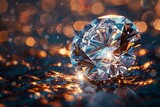 Sparkling round cut diamond, brilliantly lit against a stark dark background, high clarity closeup clean sharp