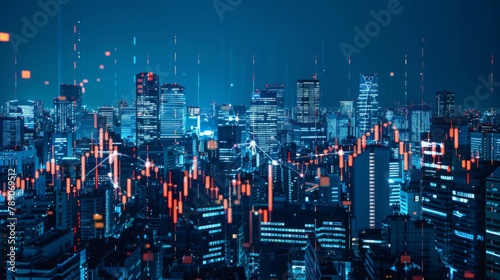 A panoramic view of a city skyline with stock exchange buildings illuminated at night, symbolizing the global reach and impact of financial markets on the economy.
