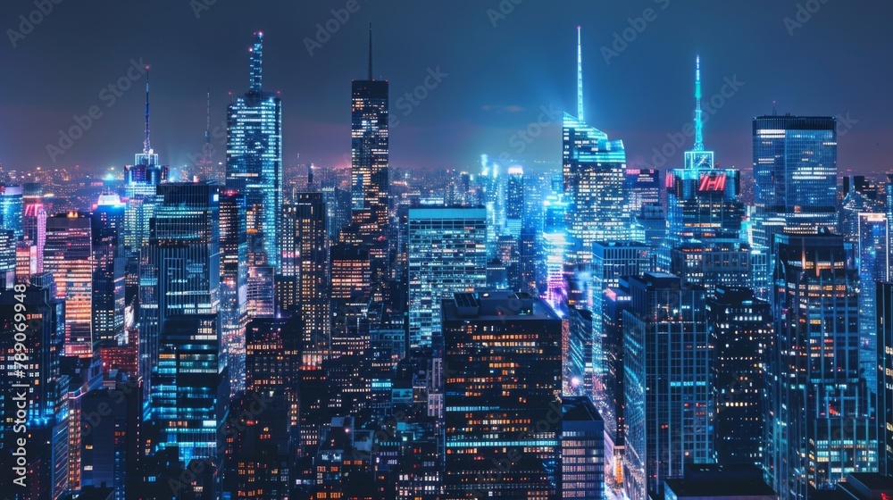 A panoramic view of skyscrapers sparkling against the night sky, capturing the dazzling beauty of city lights in a modern skyline.