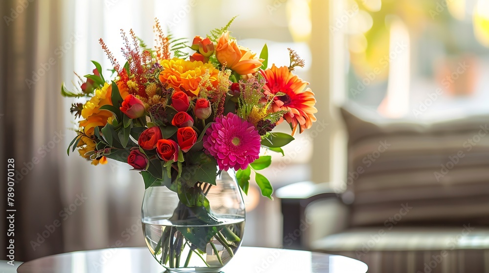 Close up of flowers in vase on table in living room Home decoration in fall colors Copy space : Generative AI Close up of flowers in vase on table in living room Home decoration in fall colors Copy space : Generative AI